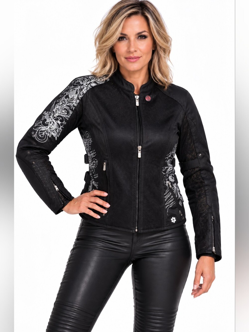 Joe Rocket Womens Motorcycle Jacket Black Silver/White Floral Protective Armor S